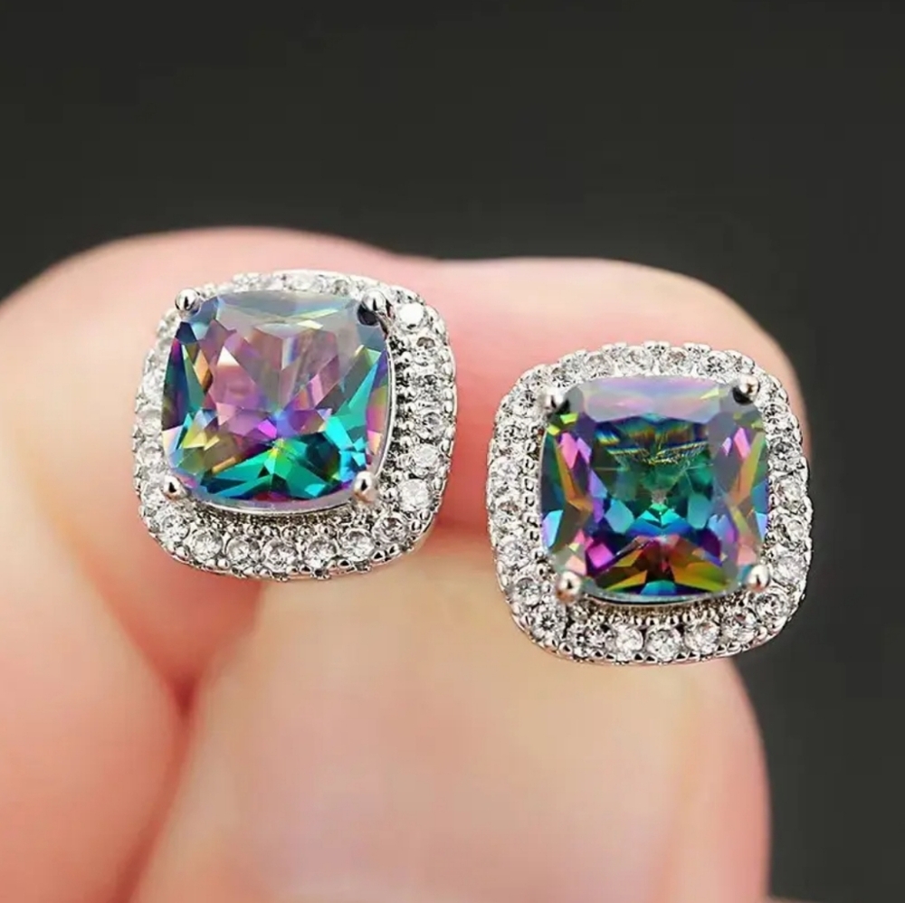 Rainbow Cubic Zirconia Stud Earrings - Picture 3 of 4